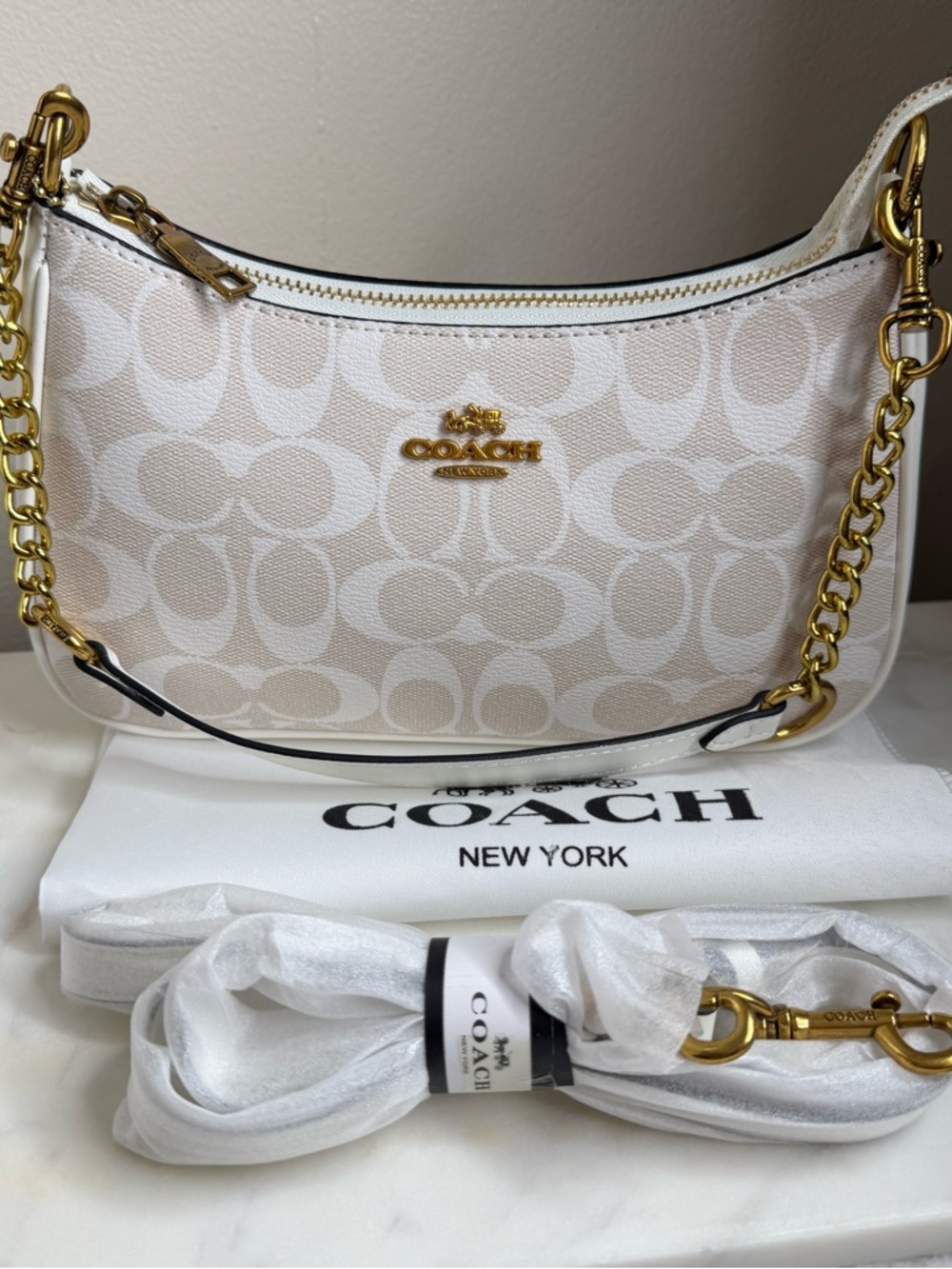 COACH White Signature Canvas Shoulder Bag with Gold Hardware